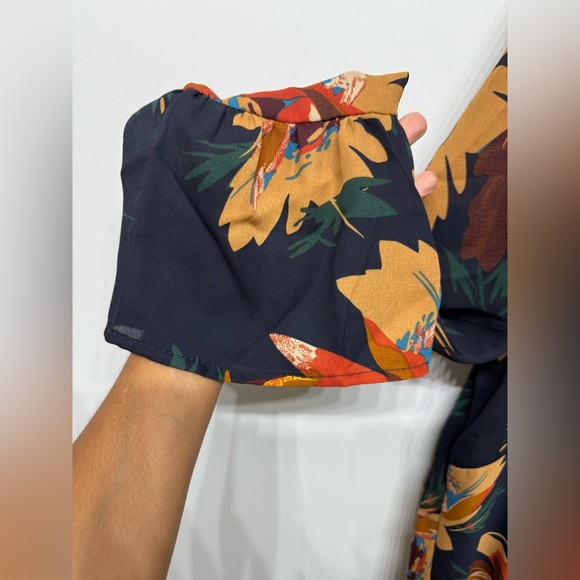 Umgee Size L Black Midi Dress with Orange and Yellow Floral Design V-Neck Flare - Picture 7 of 8